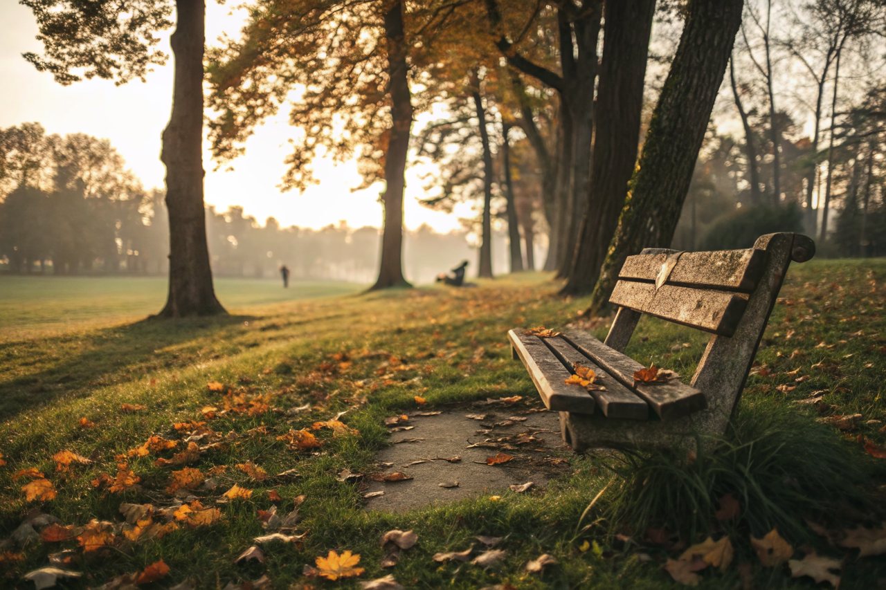 An empty weathered wooden bench in a quiet park during golden autumn afternoon, soft amber light filtering through trees overhead, scattered fallen leaves.