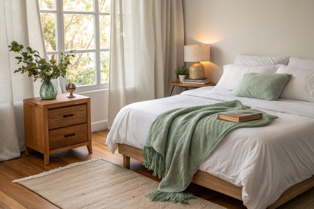 A peaceful bedroom at dawn, soft early morning light filtering through gauzy linen curtains, an empty bed with crisp white linens and a sage-green knit throw, a wooden nightstand with a small lamp, plants in soft focus.