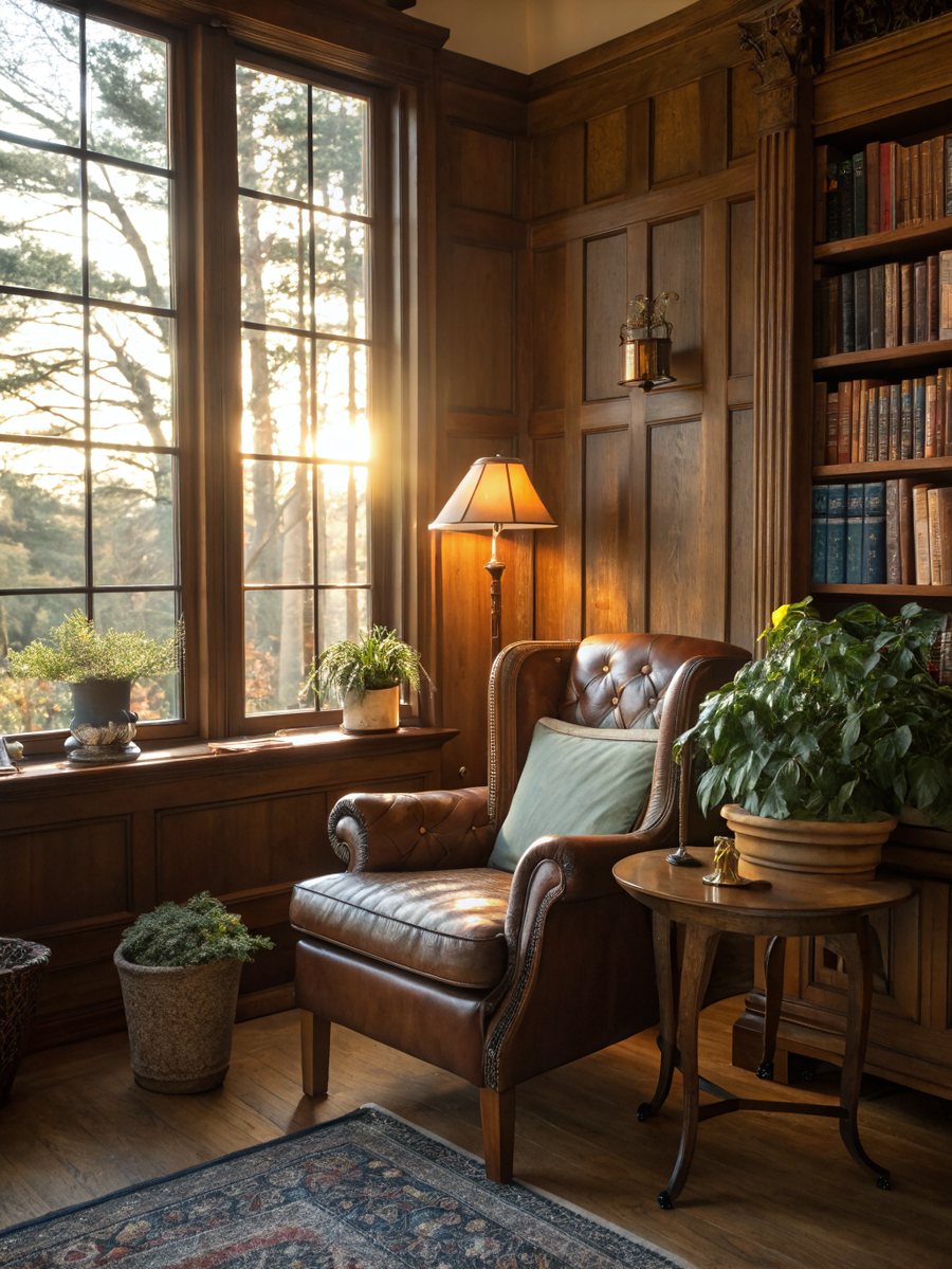 A quiet sunlit reading corner with a leather wingback armchair, brass lamp, leather-bound books, and warm afternoon light through tall windows.