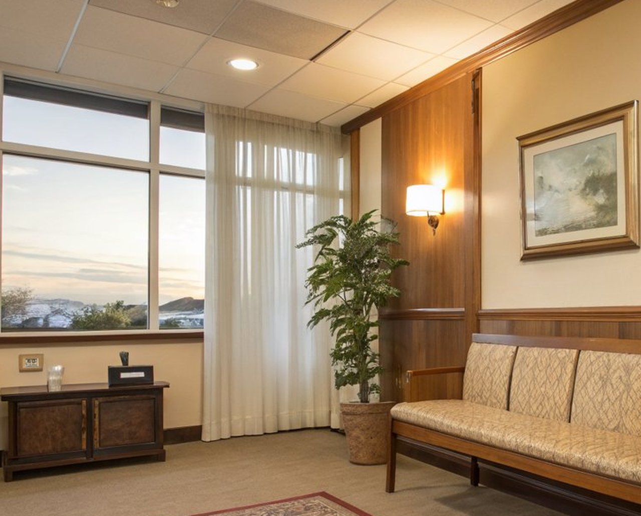 A quiet reception area with a tall window letting in afternoon light, gauzy curtains, a leafy plant, and a wooden bench — the kind of room that doesn't feel like a clinical waiting room.