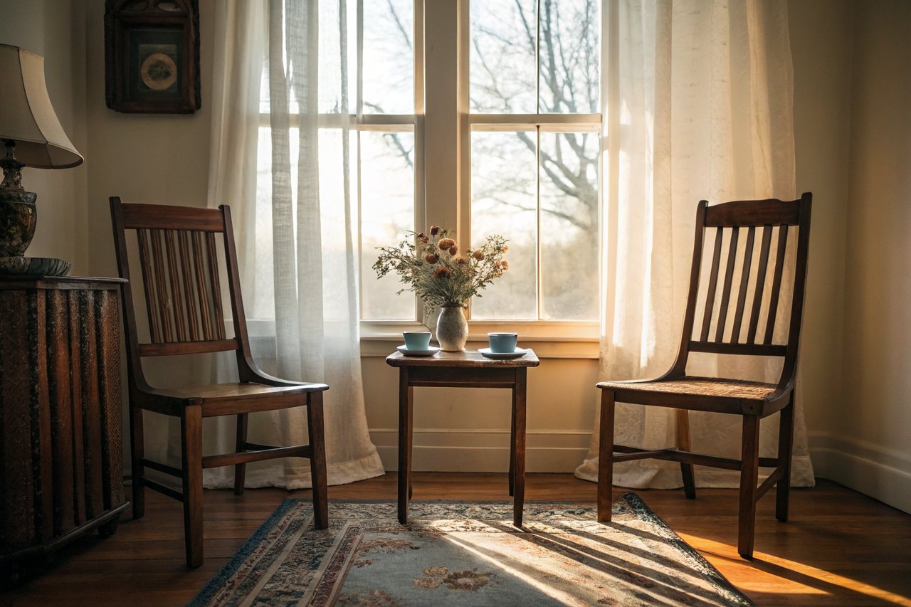 Two empty wooden chairs facing a window with afternoon light, a small side table between them holding two teacups and a vase of dried wildflowers.